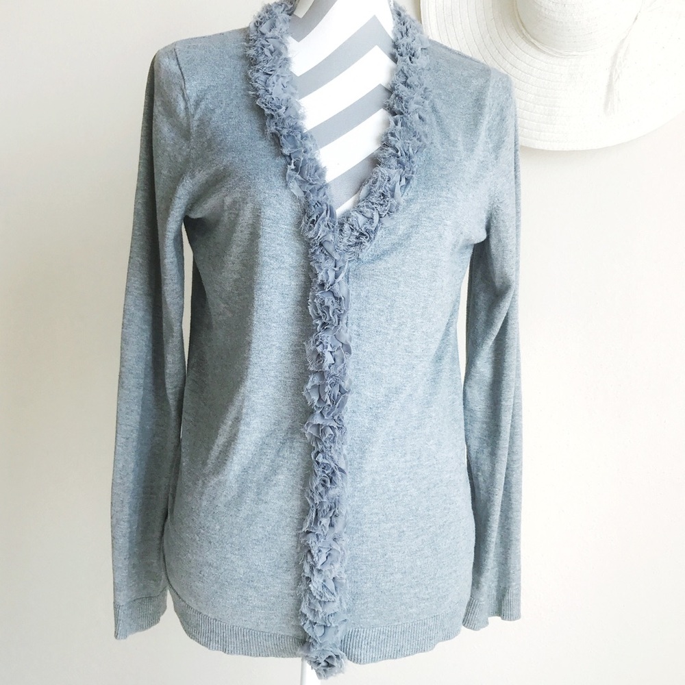 Talbots Gray buttoned Cardigan with ruffled trim